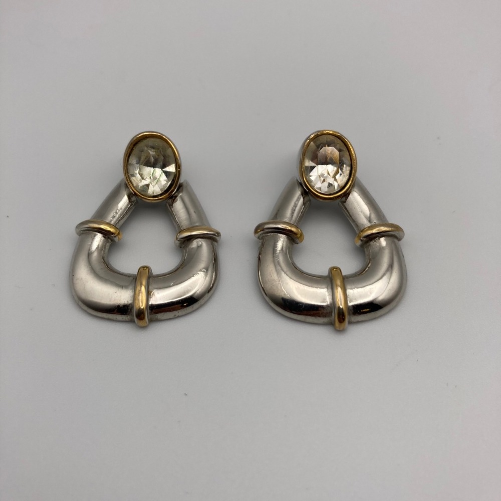 Vintage Two Tone Silver Gold Door Knocker Earrings Oval Crystal Statement Piece